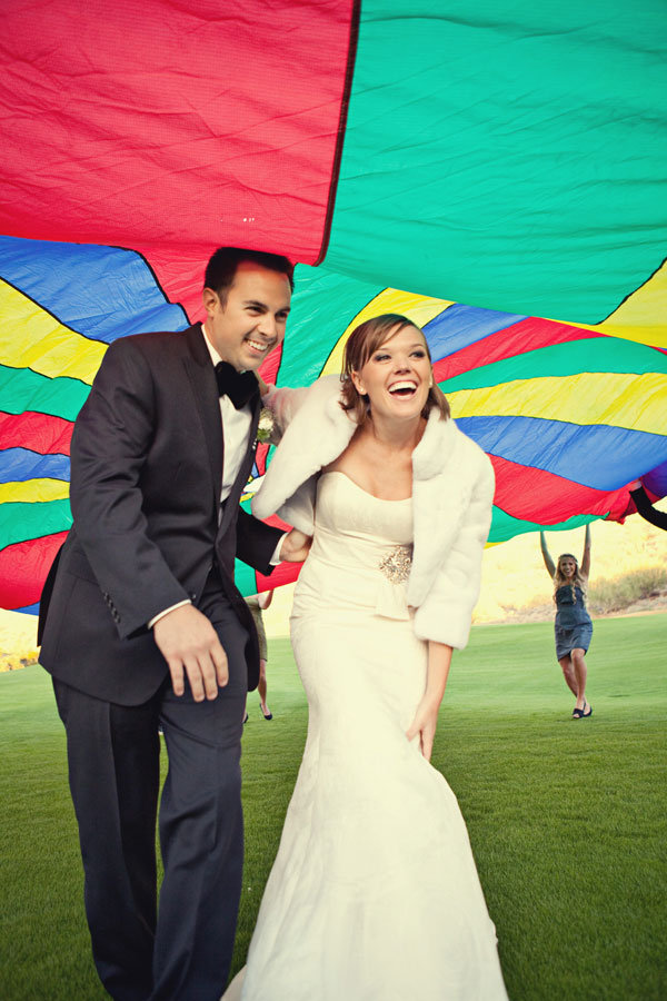 bride and groom parachute