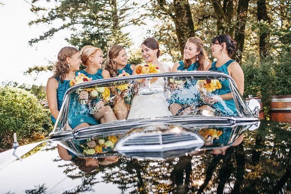 bridesmaids in the getaway car