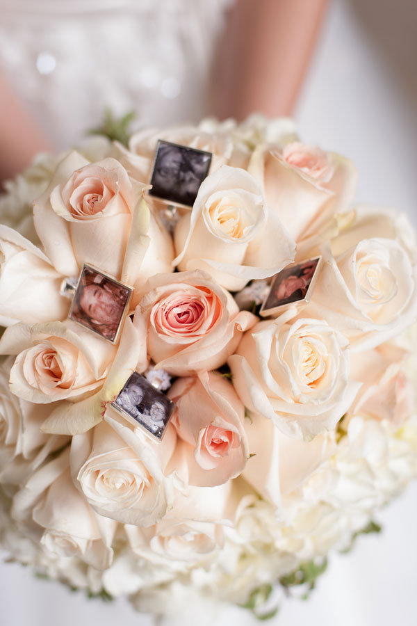 keep loved ones who can't be with you on your wedding day close to heart by carrying their photos in your bouquet