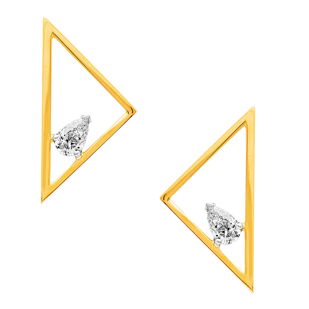 Gold triangle earrings with floating pear cut diamonds