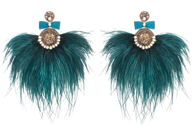 Turquoise feather earrings by Ranjana Khan