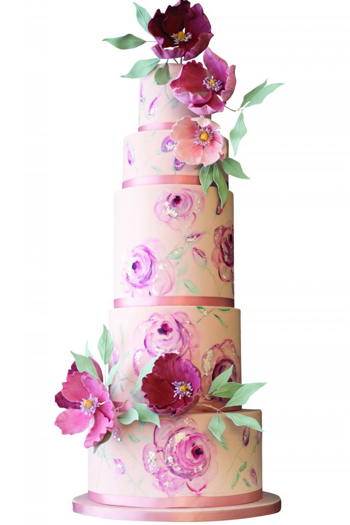 hand painted five tier cake with 3d florals by rosalind miller
