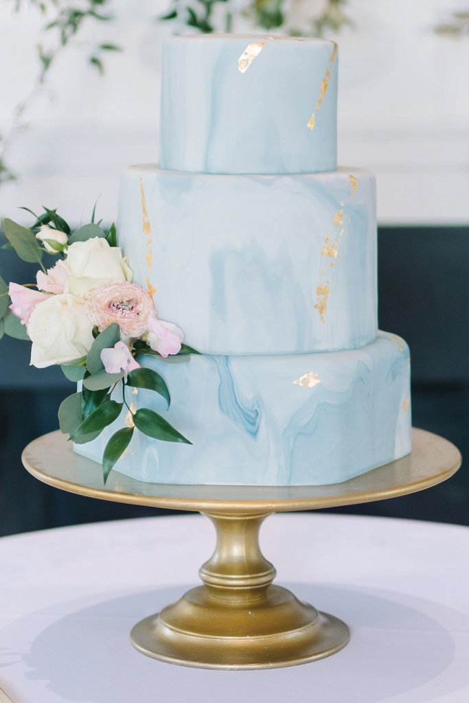 Blue wedding cake with gold flecks