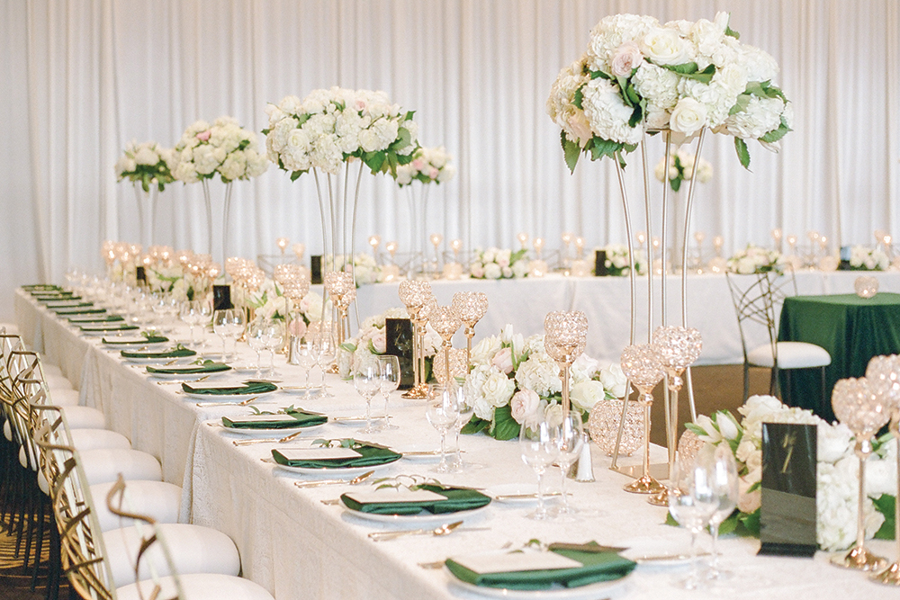 Green and white wedding reception decor