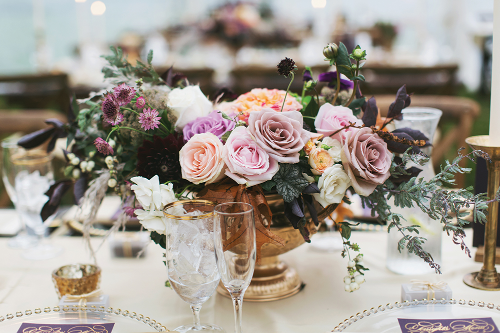 mauve wedding centerpiece in gold footed vase