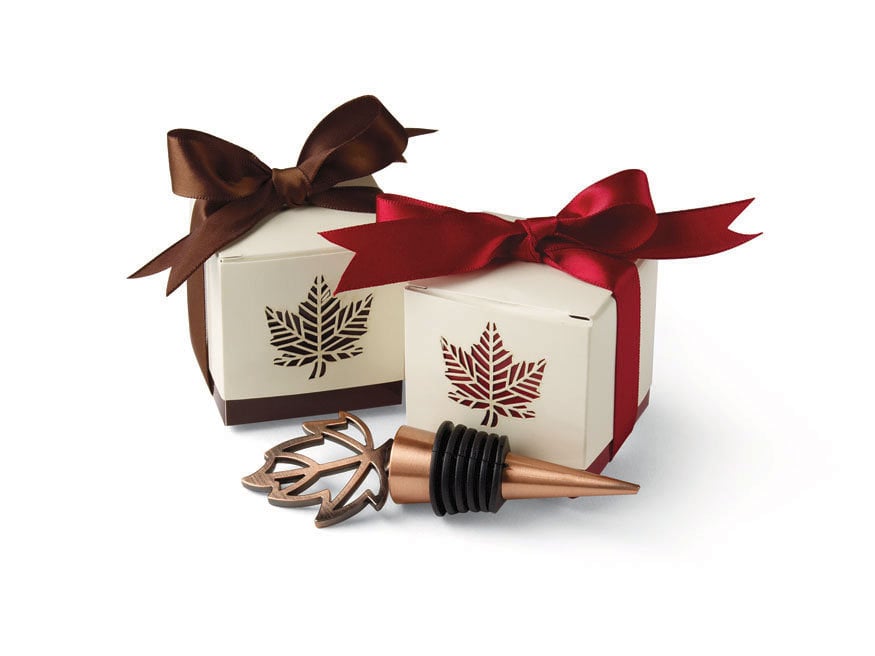 Leafmotif wedding favor boxes 25 for 24 and copperhued bottle stopper 