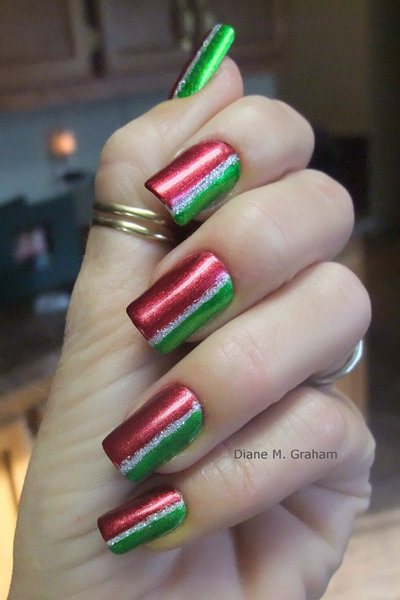 red and green sideways french  manicure