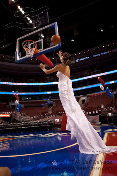 bride shooting basketball