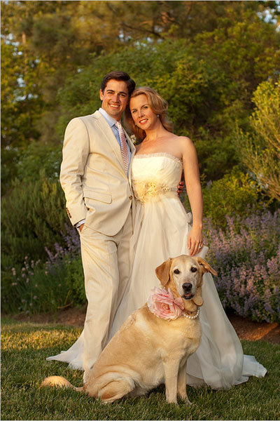 bride and groom with dog 
