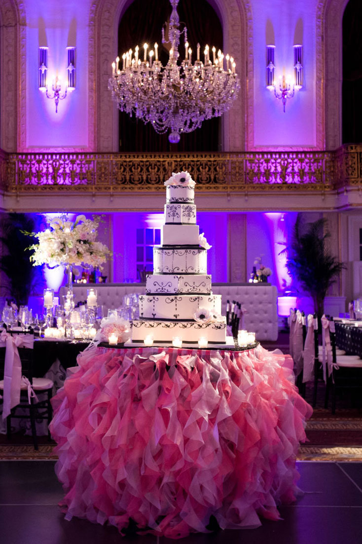 wedding cake table with ruffled skirt