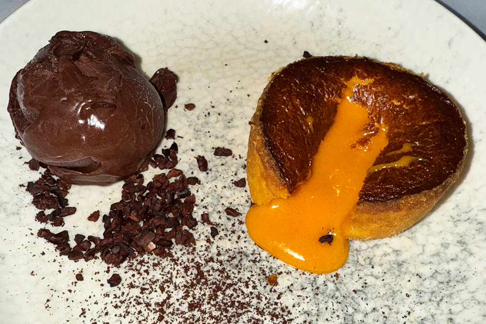 orange sorbet with orange fondant and araguani chocolate ice cream