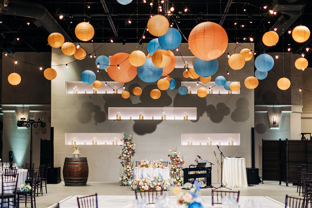orange and blue wedding decor