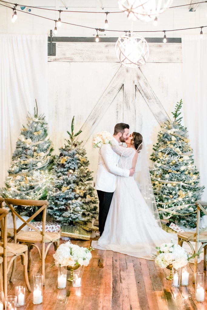 christmas trees decorated for winter wedding