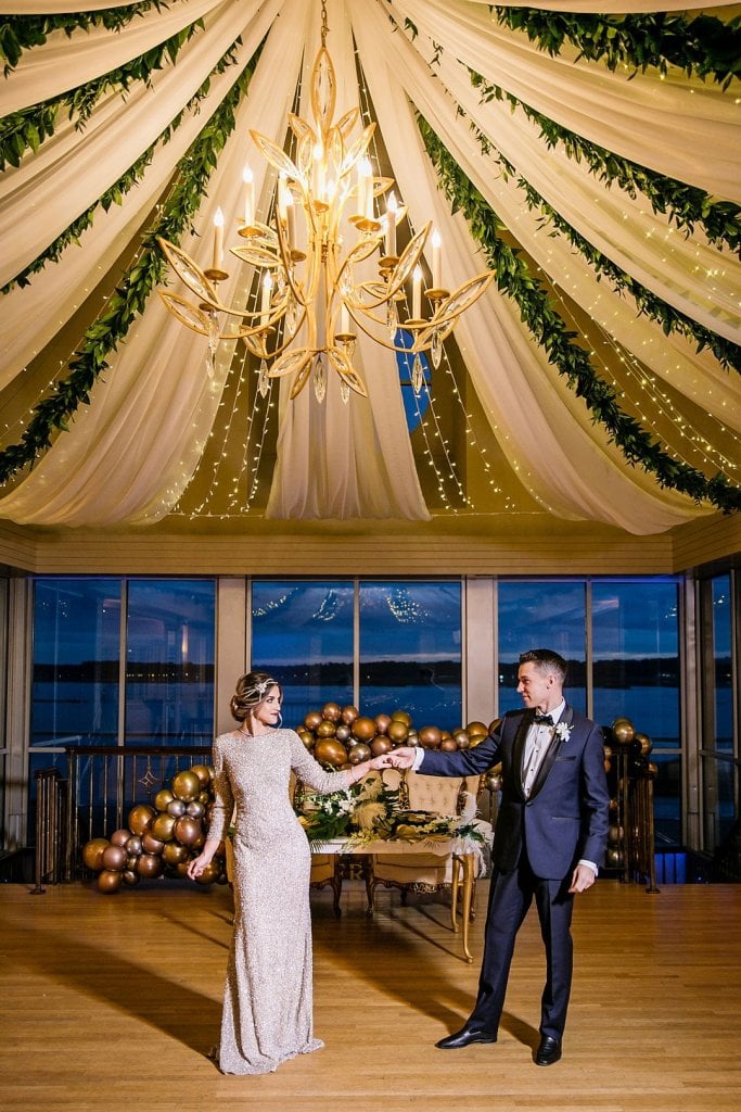 Wedding reception with fabric draping on the ceiling