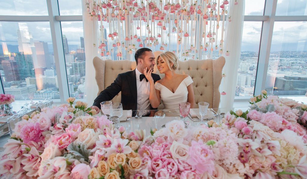 romantic sweetheart table with city views