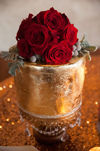 gold foil and rose wedding cake