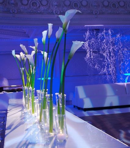 calla lily centerpieces blue uplighting