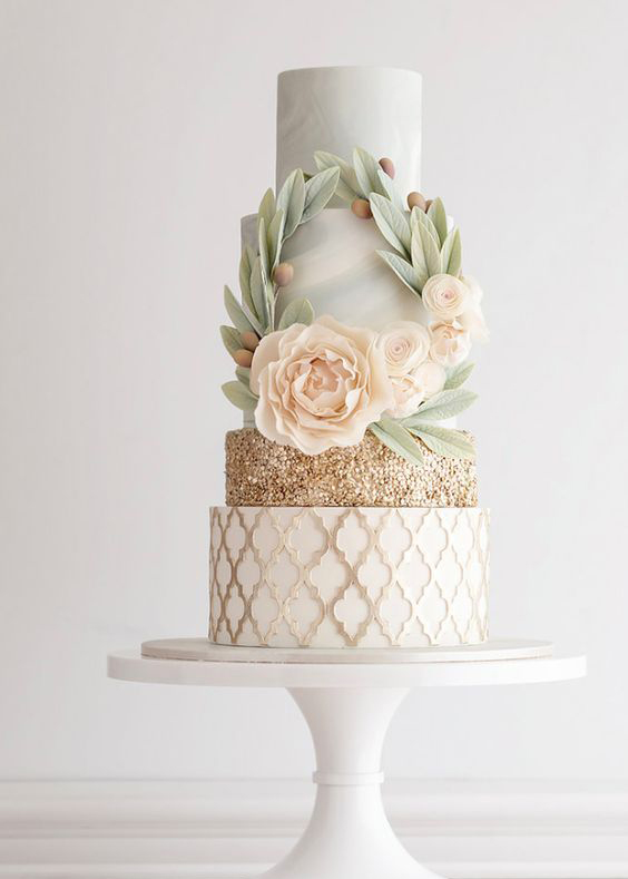 neutral and metallic floral wedding cake