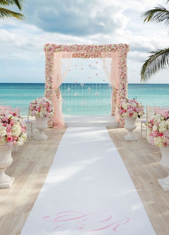 pink floral beach wedding