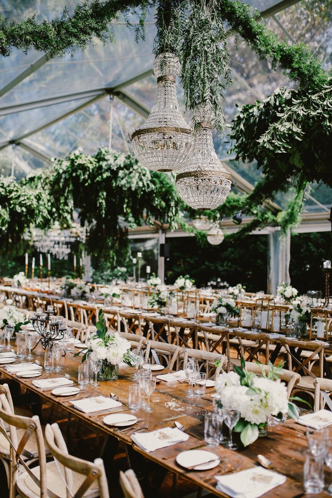 rustic glam greenhouse wedding reception decor