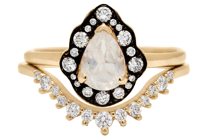 Pear-shaped moonstone ring 14k yellow gold diamond band both by Anna Sheffield