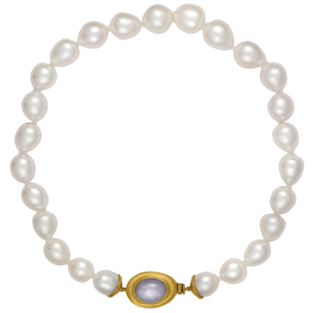 Pearl necklace with granulated sapphire stone by Prounis Jewelry