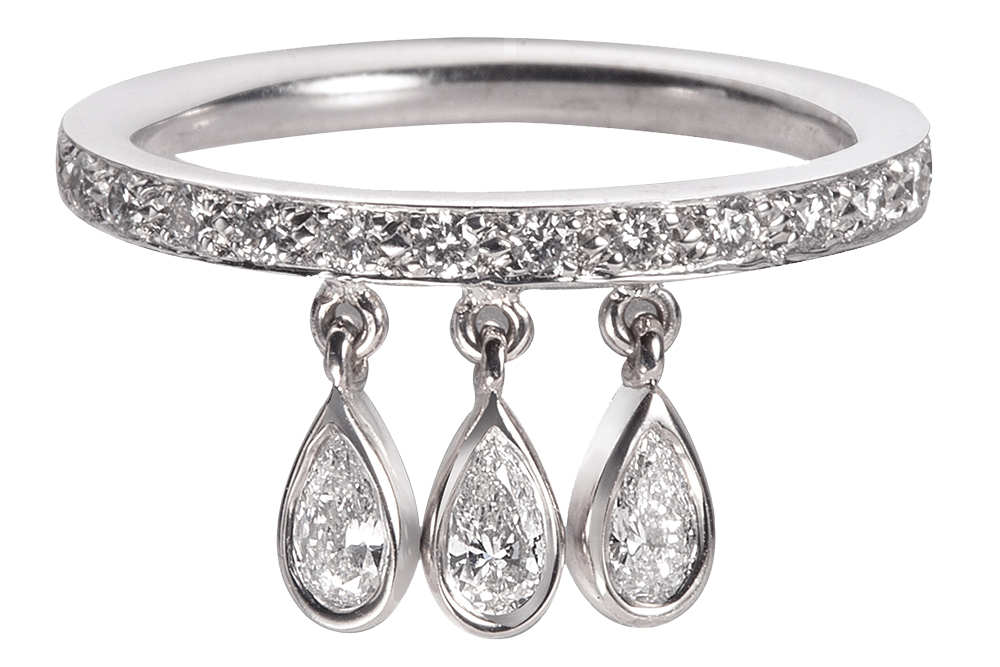 14k white gold ring with pear-cut dangling diamonds by Nora Kogan