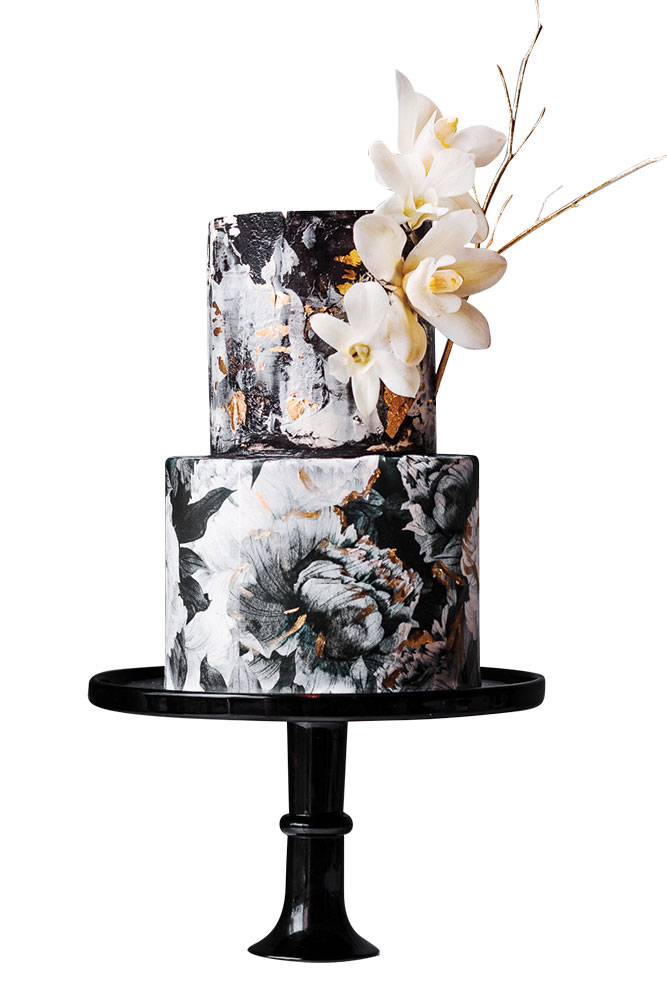 Black and white watercolor cake with 3-d flowers