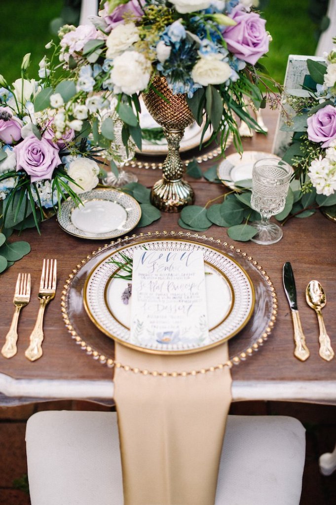 dusty blue and purple tablescape 