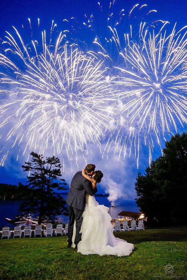 bride and groom with fireworks