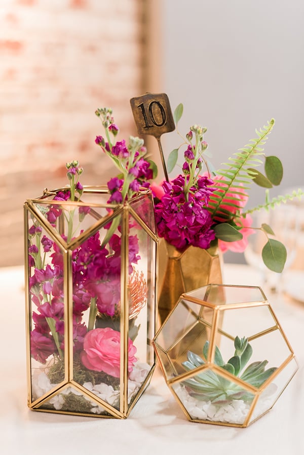 pink and gold modern wedding centerpiece