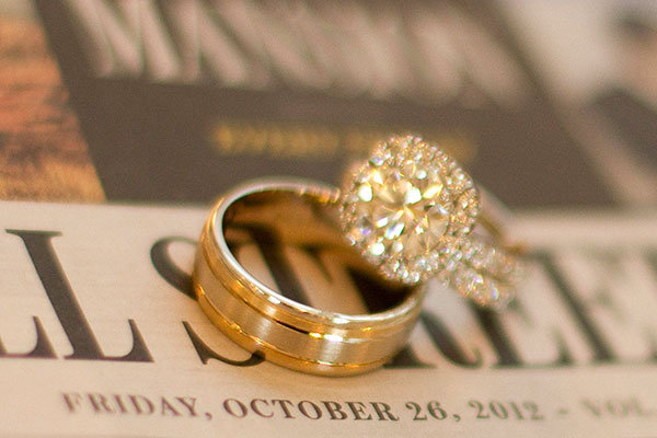 Halo Engagement Ring & Wedding Bands