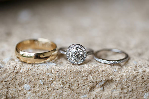 Halo Engagement Ring & Wedding Bands
