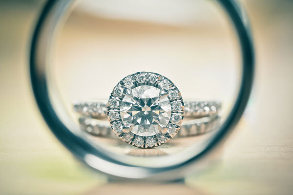 Halo Engagement Ring & Wedding Bands