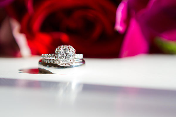 Halo Engagement Ring & Wedding Bands