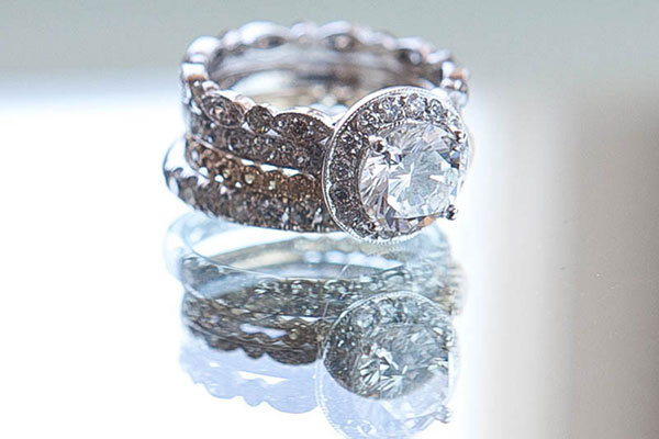 Halo Engagement Ring & Wedding Bands