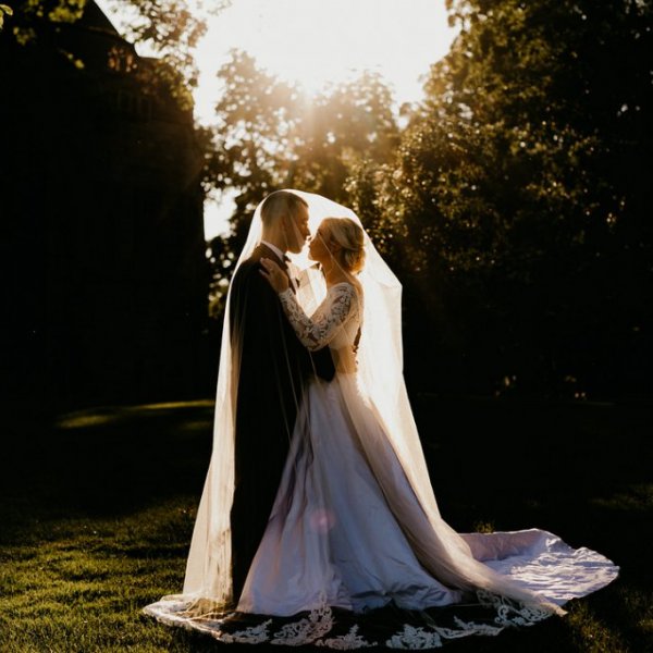 bride and groom under wedding veil