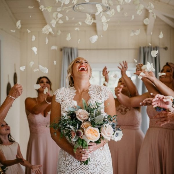 rose petal toss wedding bridal portrait