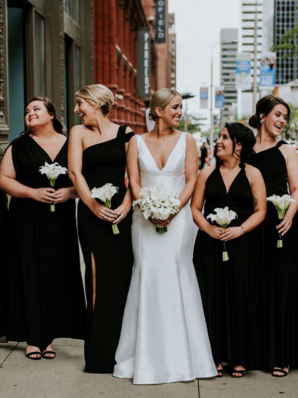 Bride with Bridal Party in Black Dresses