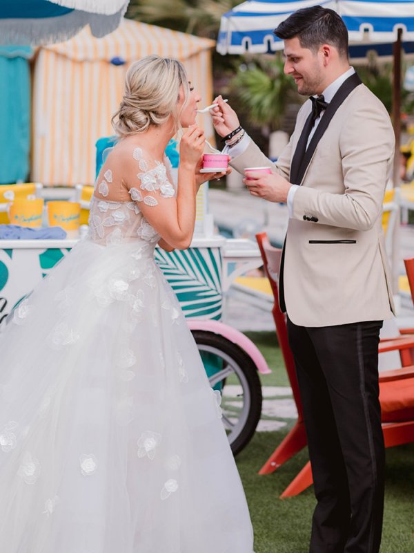 Bride and groom at ice cream truck
