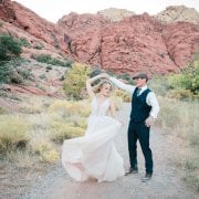 bride and groom in desert