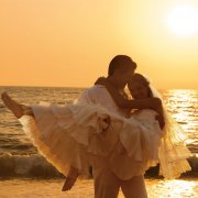 bride and groom on beach