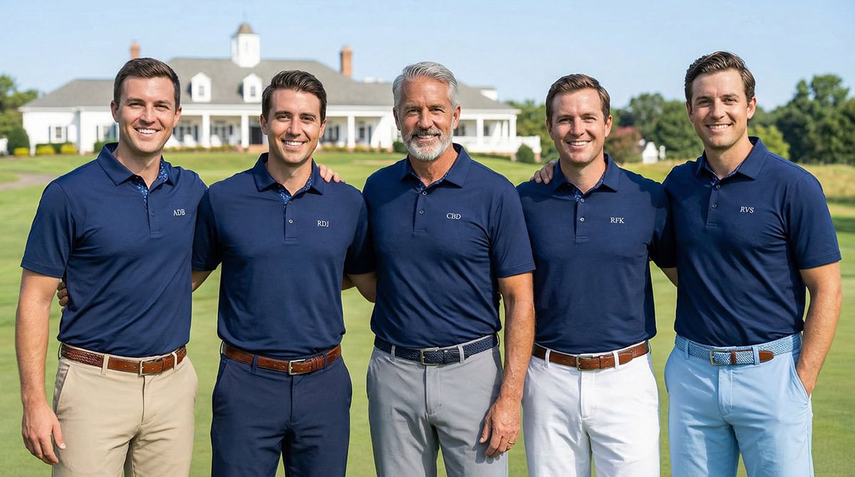 Group of five men in matching blue polo shirts outdoors at a wedding venue.