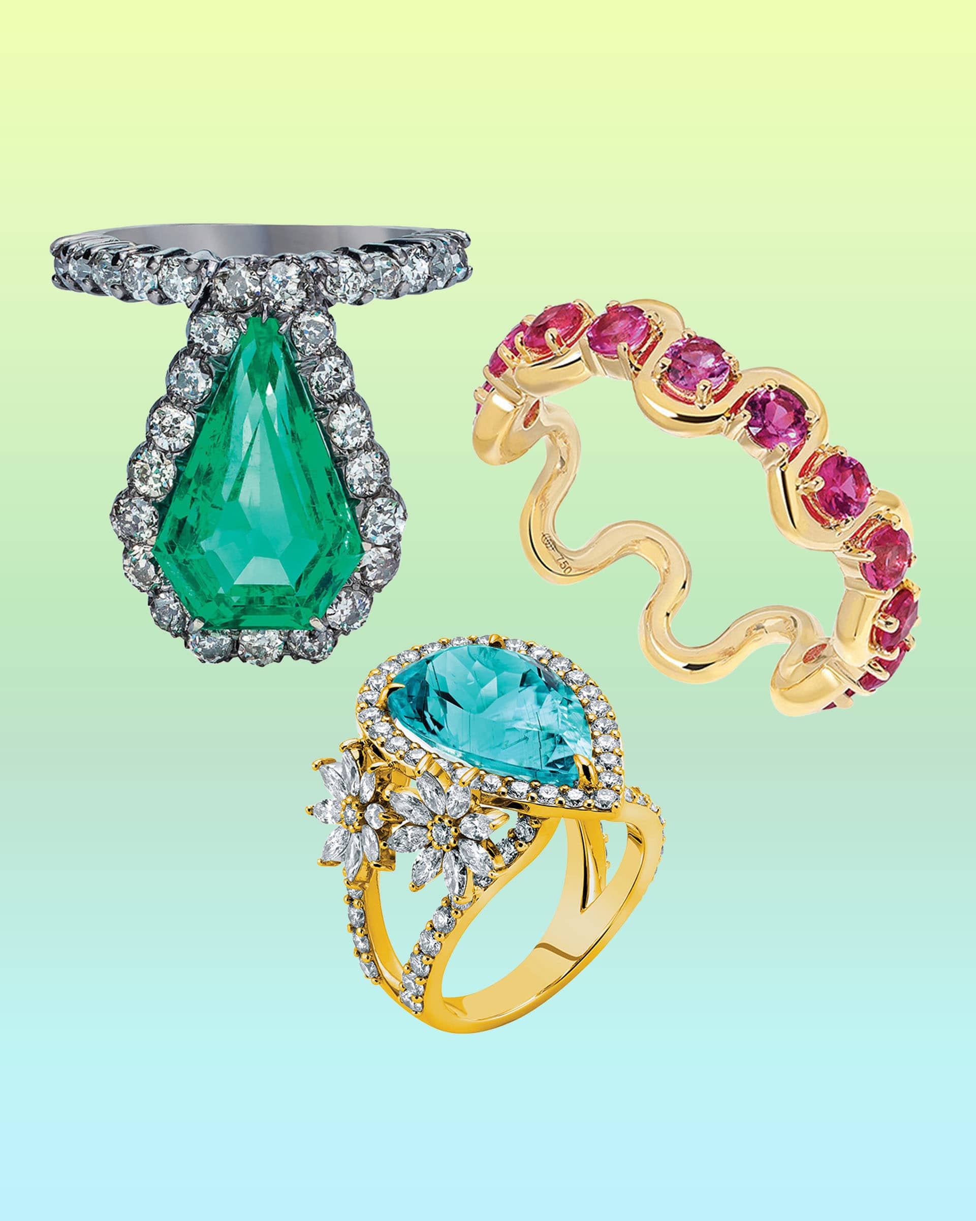 A stunning collection of colorful gemstone and diamond rings for bridal jewelry.