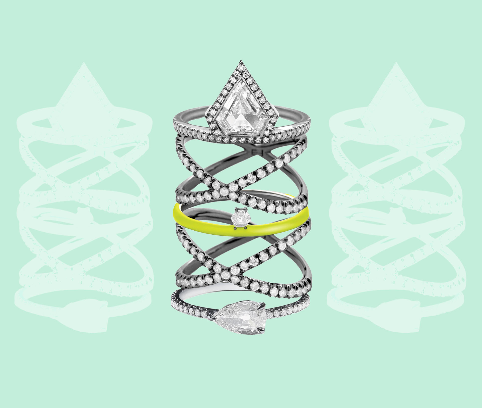Elegant stack of diamond rings with various designs on mint green background.