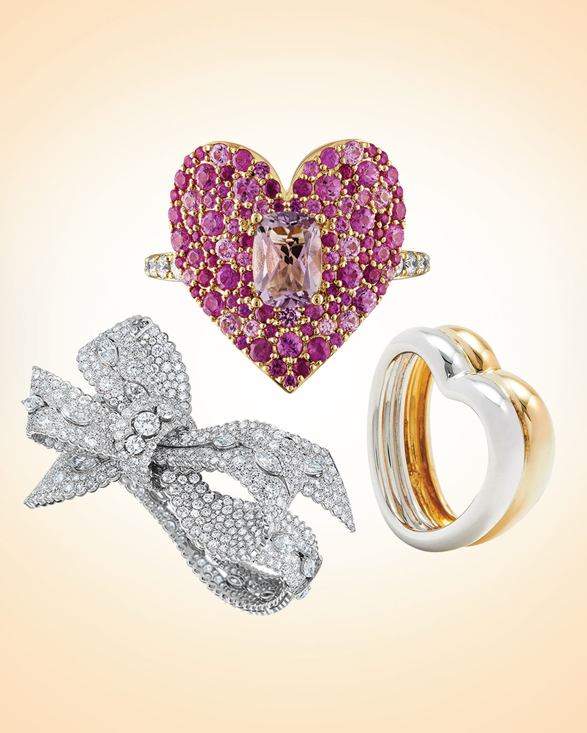A stunning heart-shaped pink gemstone ring with surrounding smaller stones, silver bow-shaped ring w.