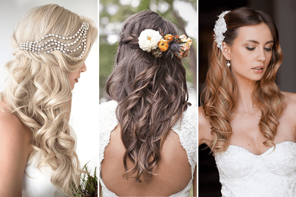 Three bridal hairstyles featuring elegant waves and floral accessories.